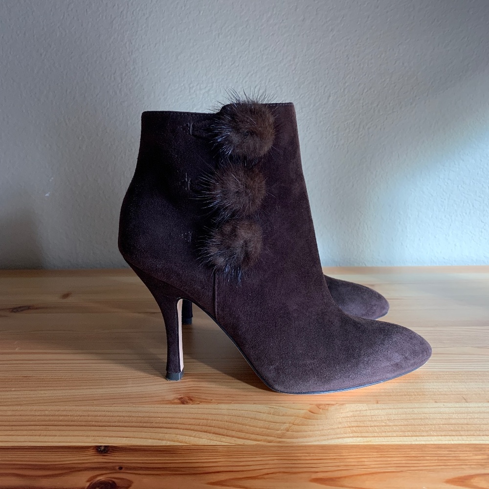 Via Spiga Suede Pointed Toe Mink Pompoms Ankle Boots US 6